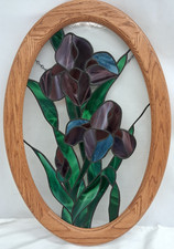 Iris Floral Pattern Stained Glass Oval Wood Window Panel Framed 23" x 15.5"  SB