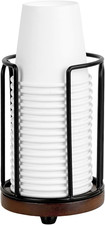 Bathroom Cup Dispenser, 3 oz Mouthwash Cup Holder, Black Metal with Wood Base, M
