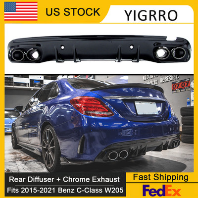 FOR 2015-2021 BENZ W205 SEDAN REAR DIFFUSER + ROUND BLACK EXHAUST TIPS C43 STYLE
