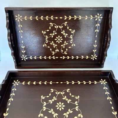Vintage Nesting Wooden Trays Inlaid Design And Handles* Read