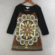 Aryeh Mini Sweater Dress Womens Medium Long Sleeve Scoop Neck Casual Brown Black