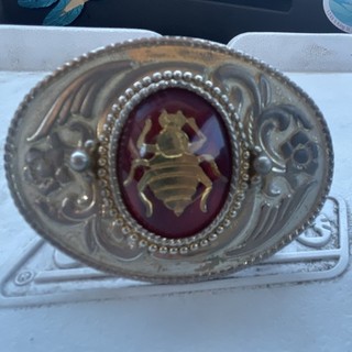 Western Oval Belt Buckle Bee Red Stone Cabochon Silver/Gold Made USA 1.5"