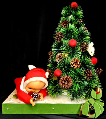 MCM Christmas Decoration Baby In Santa Suit Under The Tree On A Foam Base 1950s