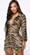 Womens FashionNova Wild Day Mini Dress Animal Print Olive Button Up Shirt Tiger
