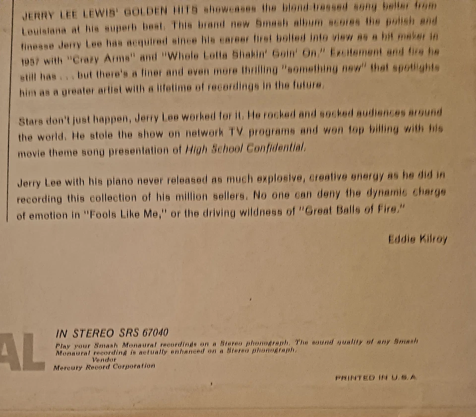 The Golden Hits Jerry Lee Lewis The Killer Vinyl LP Smash MGS 27040 1963 RARE!! - Image 4 of 4
