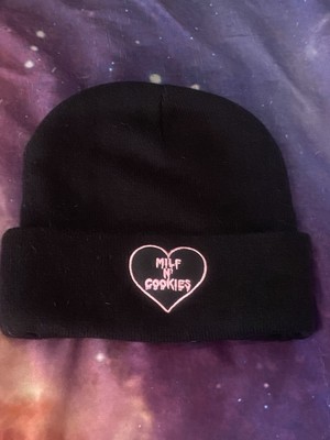 Women s Black Beanie Hat Milf N  Cookies Pink Patch One Size