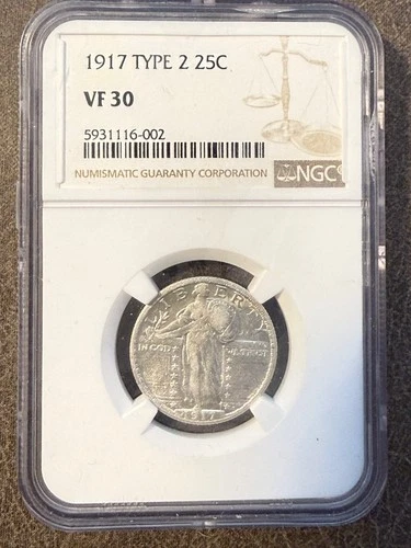 1917 25C Type 2 Standing Liberty Quarter NGC VF30 Frosty Bright Great Detail