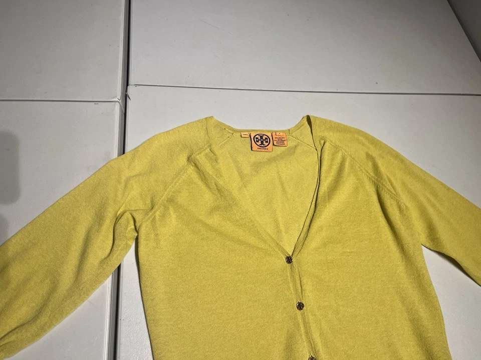 Suéter Tory Burch Para Mujer Pequeño Amarillo Verde Botón Frontal Cárdigan Algodón Nylon Foto 2 de 4