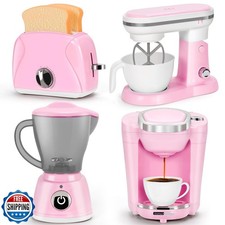 Pink Play Kitchen Appliances Toy Set with Coffee Maker Machine, Mixer, Toaste
