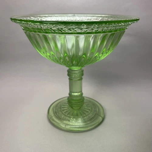 Vtg Pressed Ribbed Green Depression Glass Pedestal Compote Dish Bowl Candy