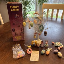 Vintage 8" Easter Tree with Cute Variety of 24 Hand-Painted Wood Ornaments