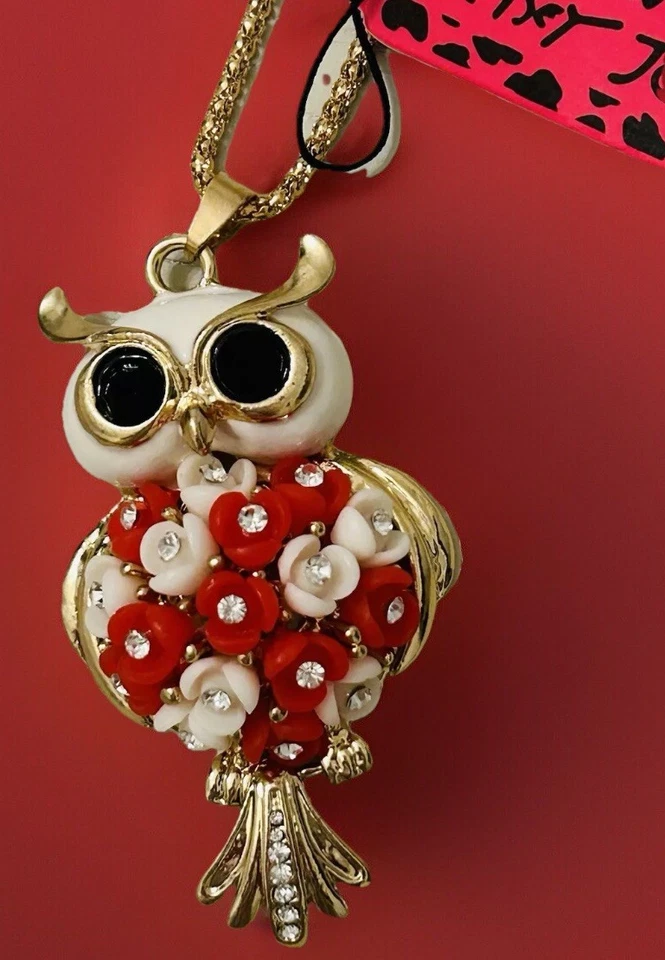Collar Cadena Colgante Búho Estrás Flor Resina Roja Betsey Johnson Nuevo con Etiquetas Foto 4 de 4
