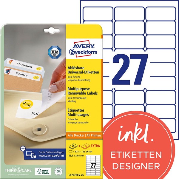 Avery Zweckform Etiketten L4737REV-25 Weiß 63,5 X 29,6 Mm, 30 Blatt-image