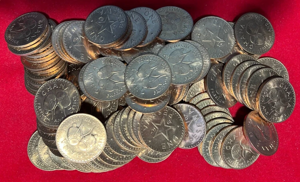 P89 Ghana 100 Coins Lot from Mint Bag - Bronze Pesewa 1967 Bush Drums    Red UNC - Image 2 of 4