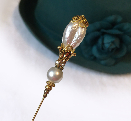 HATPIN with Stunning Baroque FAUX PEARL on Brass Finish Setting - 8 inch