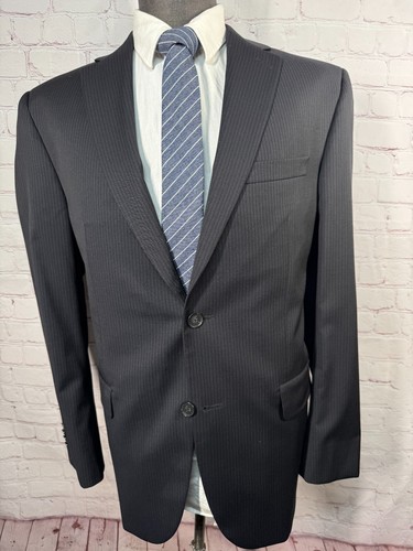 JACK VICTOR Mens Black Stripe Wool Flat Front 2pc Suit 42R Jacket 38x31 Pant - Picture 2 of 13