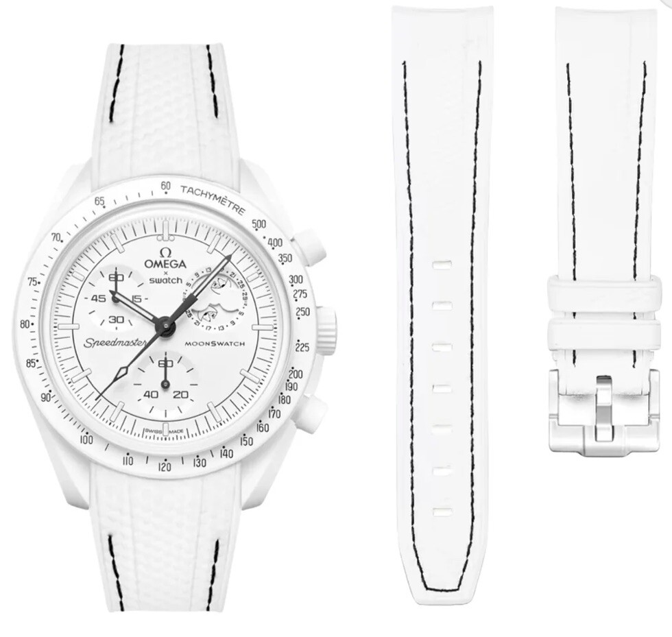 Omega x Swatch Moonswatch Speedmaster 20mm White Rubber Strap Black Stitching
