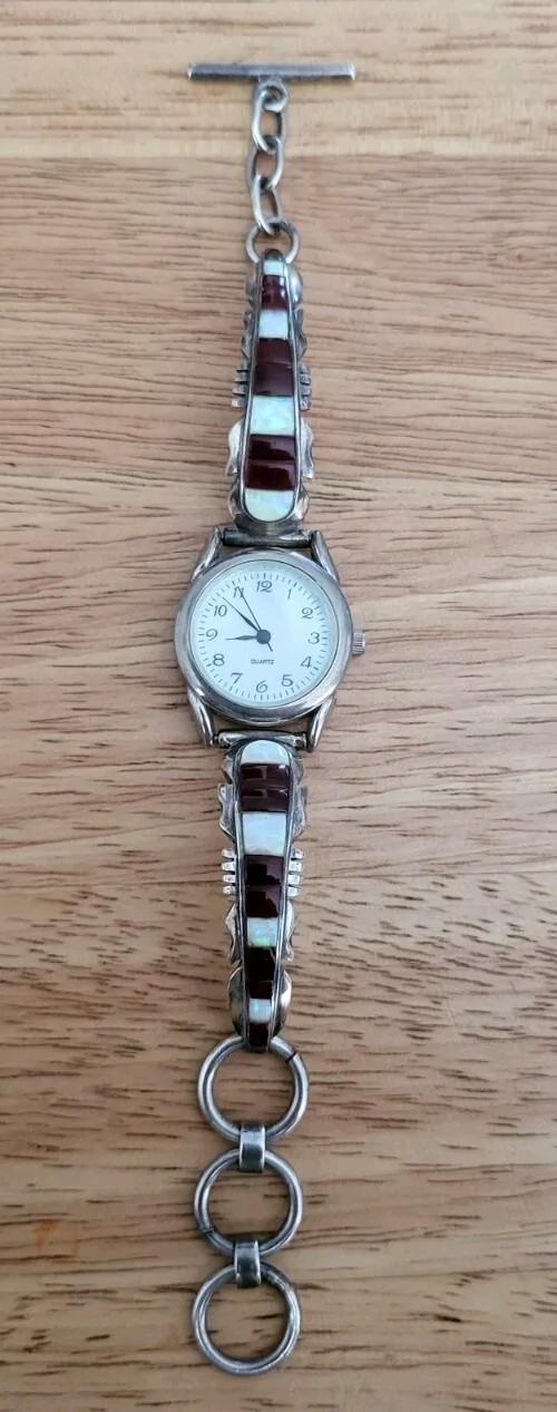 Vintage Southwest Quartz Watch Sterling Silver Opal/ Coral Inlaid Band