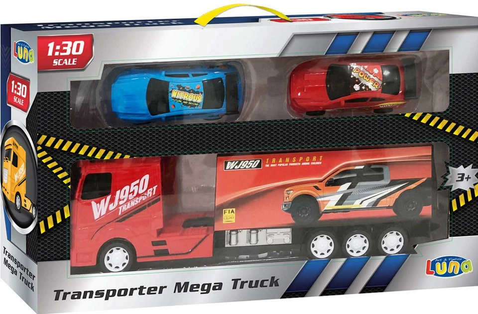 DIAKAKIS Luna Transporter 40 cm Mega Truck LKW Lastwagen Auflieger 2 Rennwagen +3J