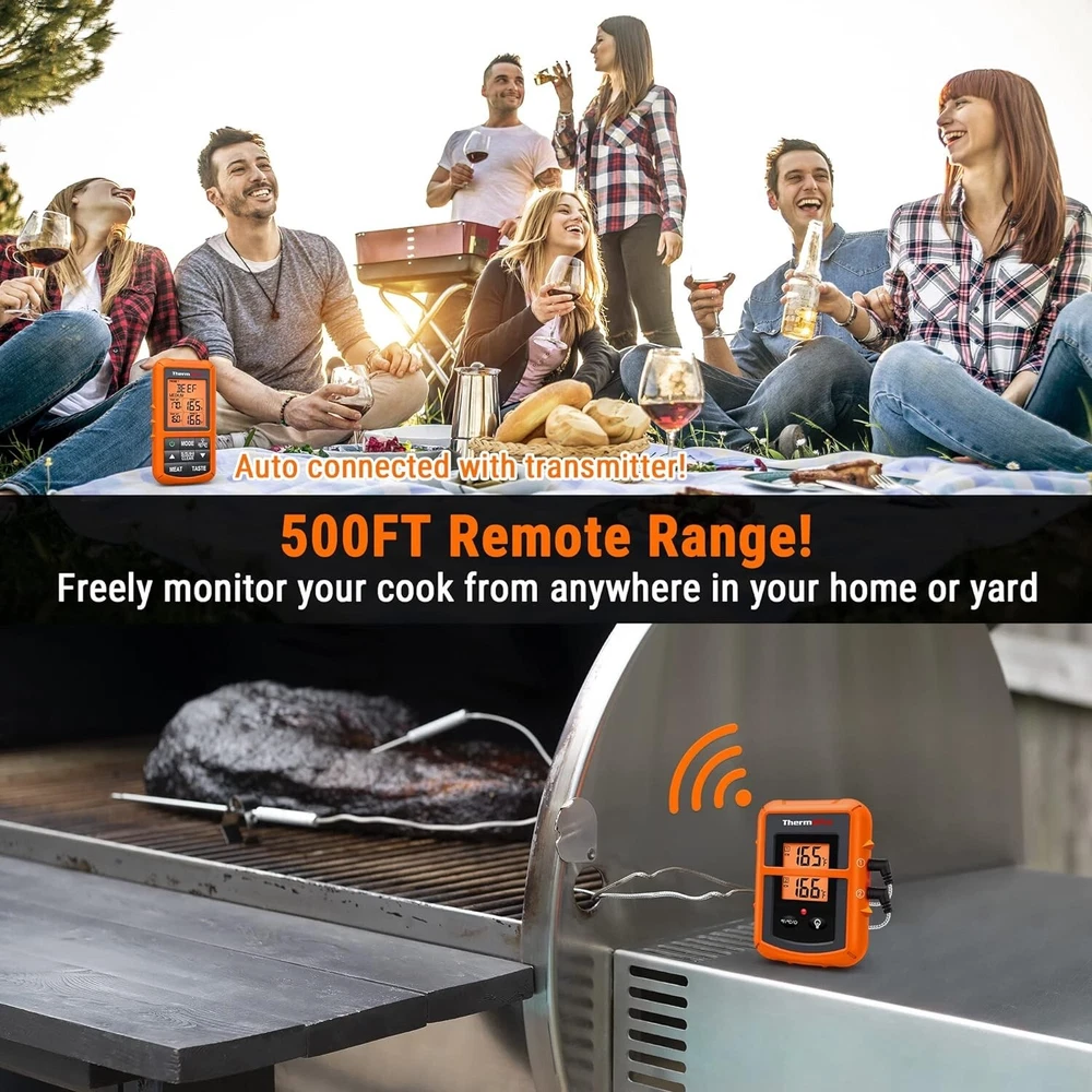 Wireless Meat Thermometer for Smoker BBQ Grill with 500FT Remote Range and Timer