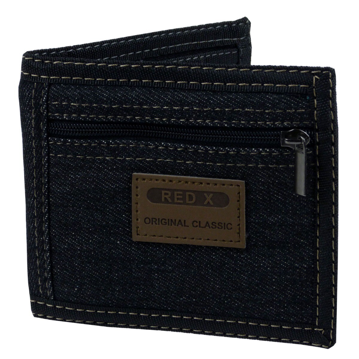 RED DENIM ウォレット RED X Mens Black Denim Bi-Fold Sports Zip Wallet Cards Coins