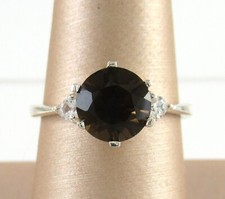 .925 Sterling Silver Smoky Quartz Ring w/ CZ Accents Three Stone Round sz 8