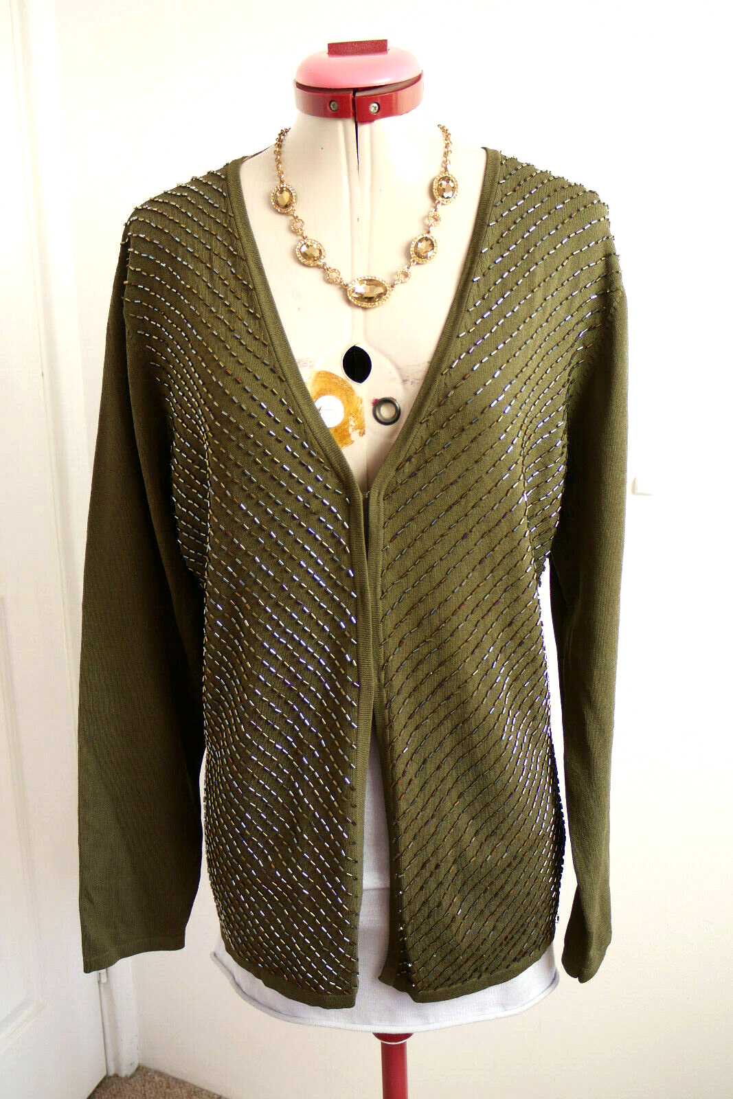 FRANKEN WALDER Olive Green CARDIGAN Size 38 Aus 12 Beaded Long Sleeve Classic