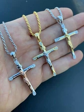 Mens Solid 925 Silver Cross W. Jesus Pendant Yellow Rose Gold Plated Necklace CZ