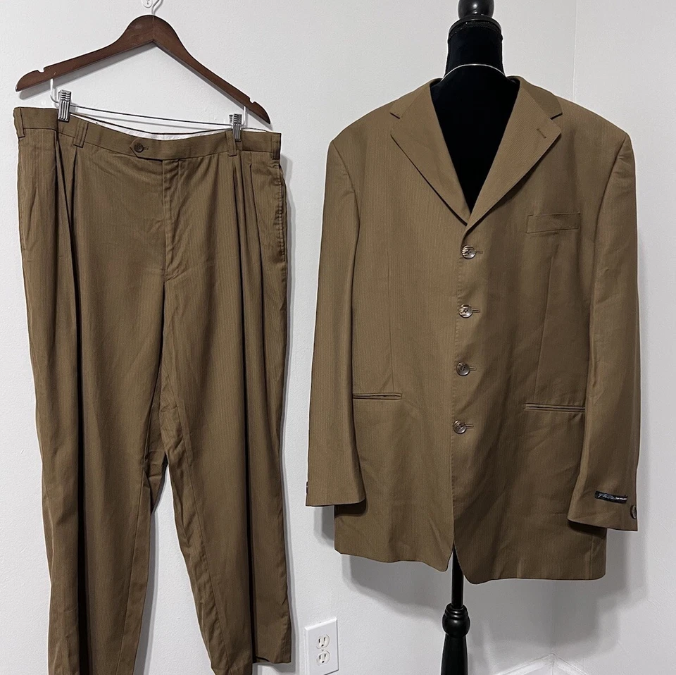 Y2K 90s FUBU Mens 46L Blazer 40 Pants Player 2 Pc Suit Golden Brown Pinstripe - Image 2 of 4