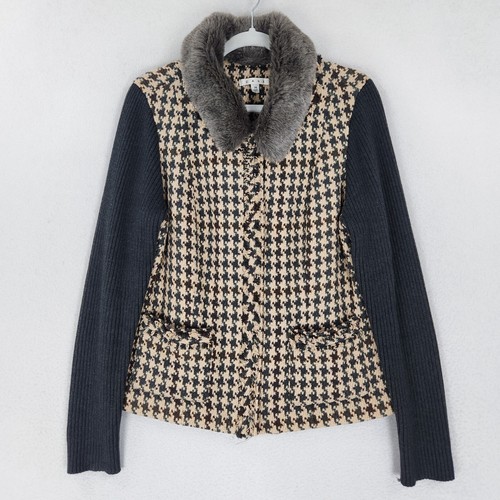 Cabi Jacket Womens 14 Tan Gray Houndstooth Mixer Wool Blend Faux Fur Collar