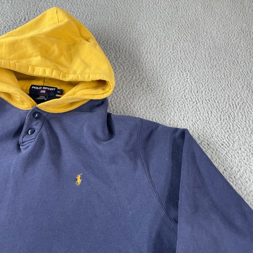 Vintage 90s Polo Sport Ralph Lauren Navy Blue Yellow Hoodie Fleece Lined XL USA - Picture 3 of 11