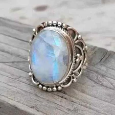 Solid  925 Sterling Silver Handmade Rainbow Moonstone Women Ring HM1146