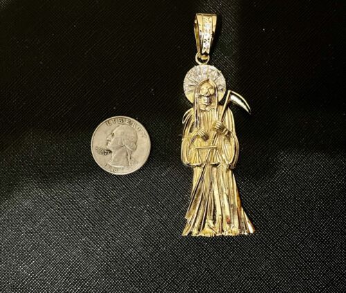 Men's Santa Muerte Pendant 14K Yellow Gold Plated 37gram Of Silver 925 With CZ - Picture 1 of 6