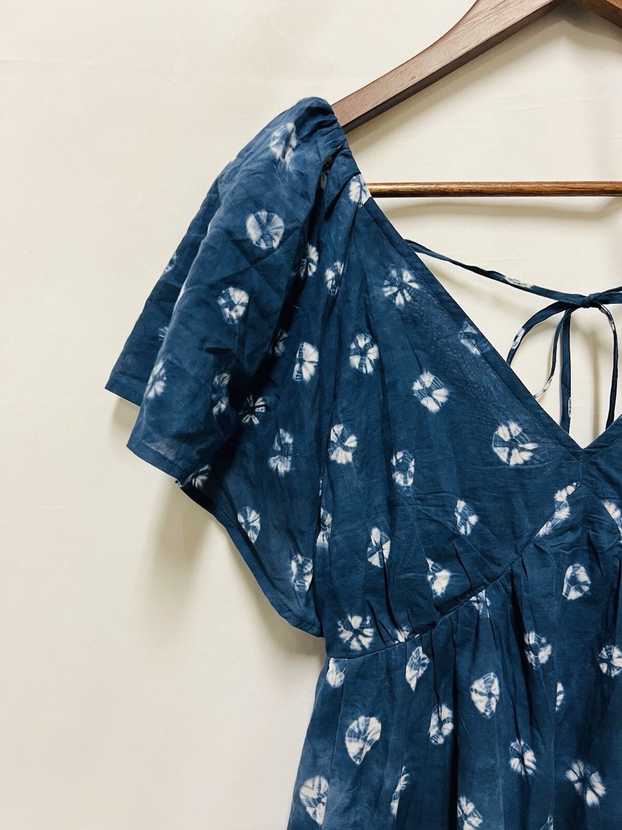 shibori tie back tiered cotton midi dress madewell NWT Madewell Blue Shibori Print Tie Back Flutter Sleeve Tiered Midi Dress Size 2