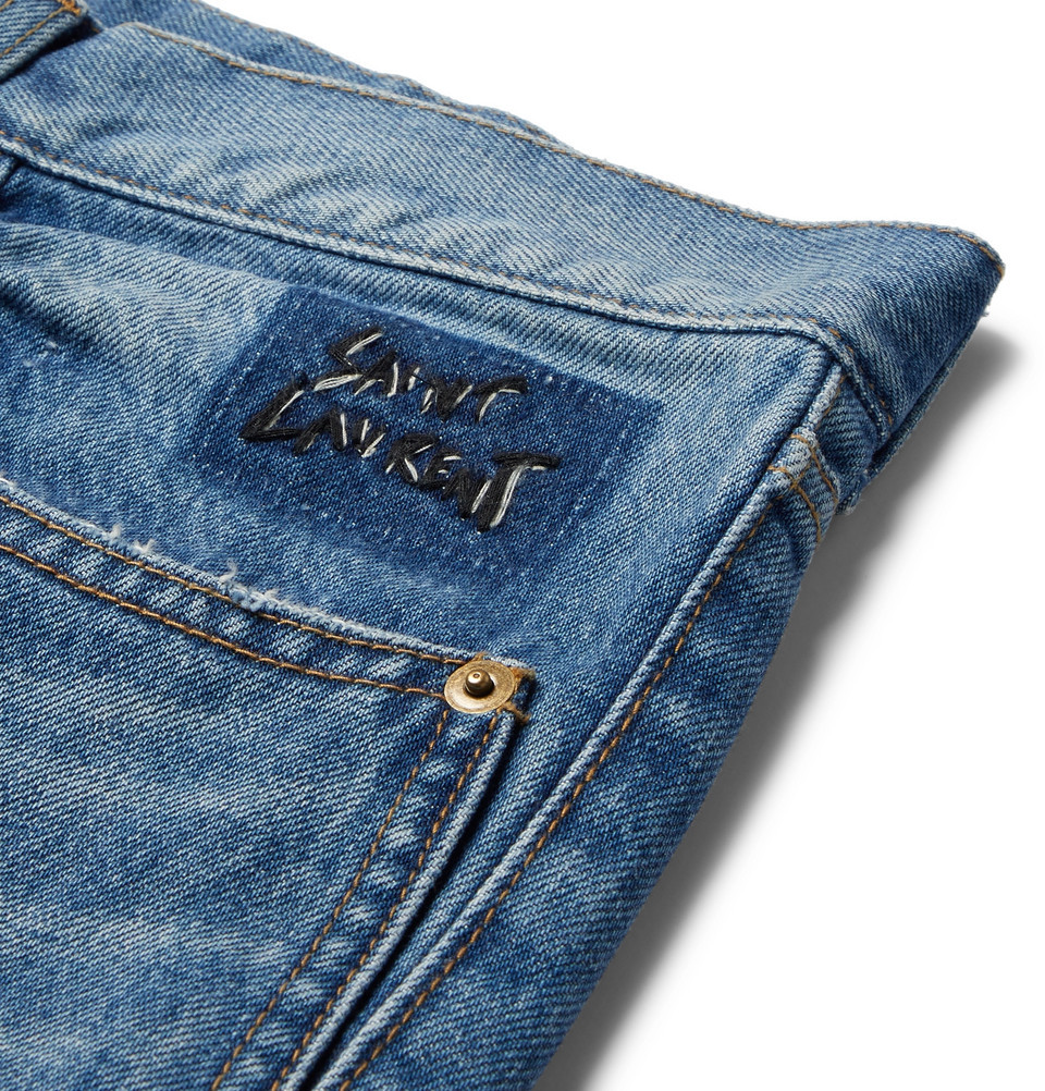 Jeans Saint Laurent D14 vintage in denim blu ricamato taglia 30 nuovi con etichette $690