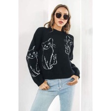 Cat Pattern Round Neck Long Sleeve Pullover Sweater