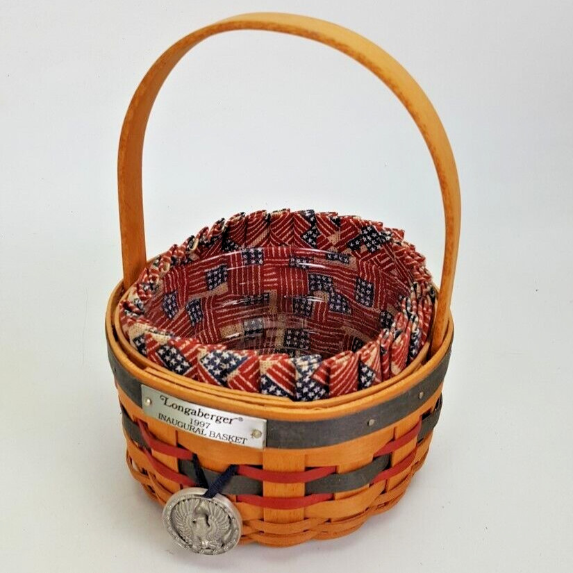 Longaberger 1997 Inaugural Basket Badge Tie On Eagle Coin Plastic Cloth Liner  .