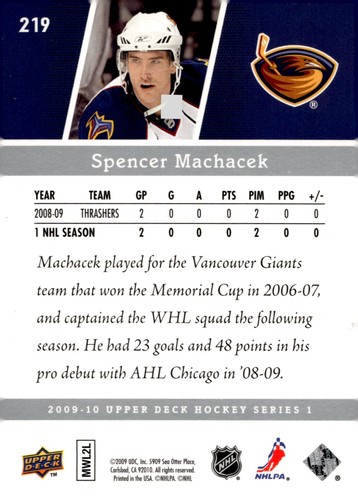 Spencer Machacek - Signed 2009-10 Upper Deck Young Guns Rookie Card #219 - Picture 2 of 2