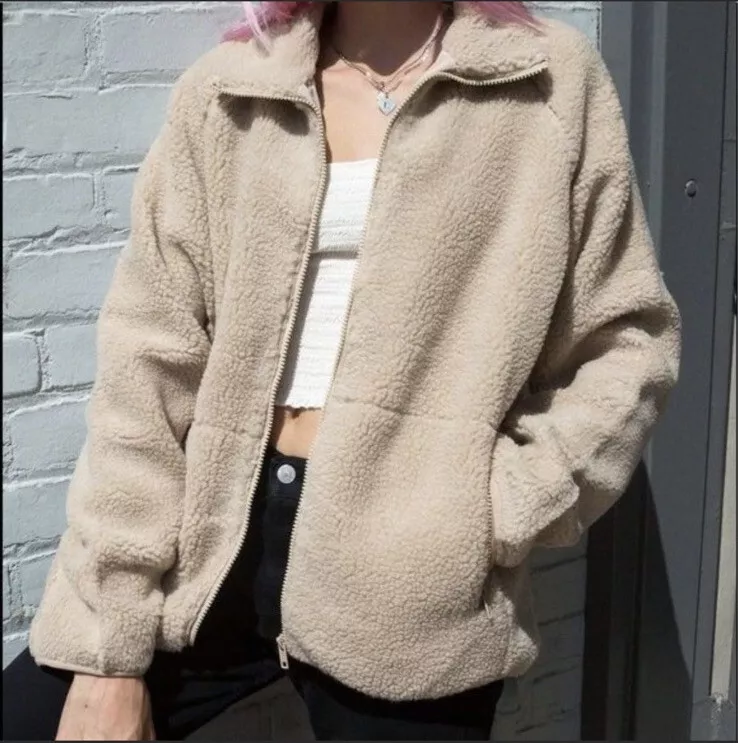 Brandy Melville John Galt Womens Tan Sherpa Full Zip Teddy Jacket One Size