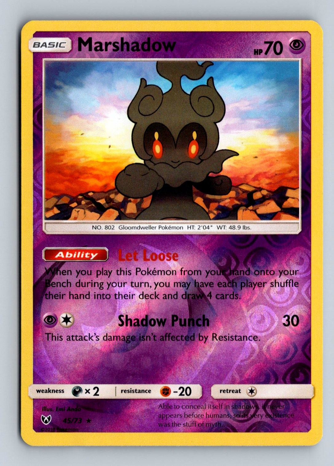 Marshadow 45/73 Rare Shining Legends Pokemon Reverse Holo Lightly Played