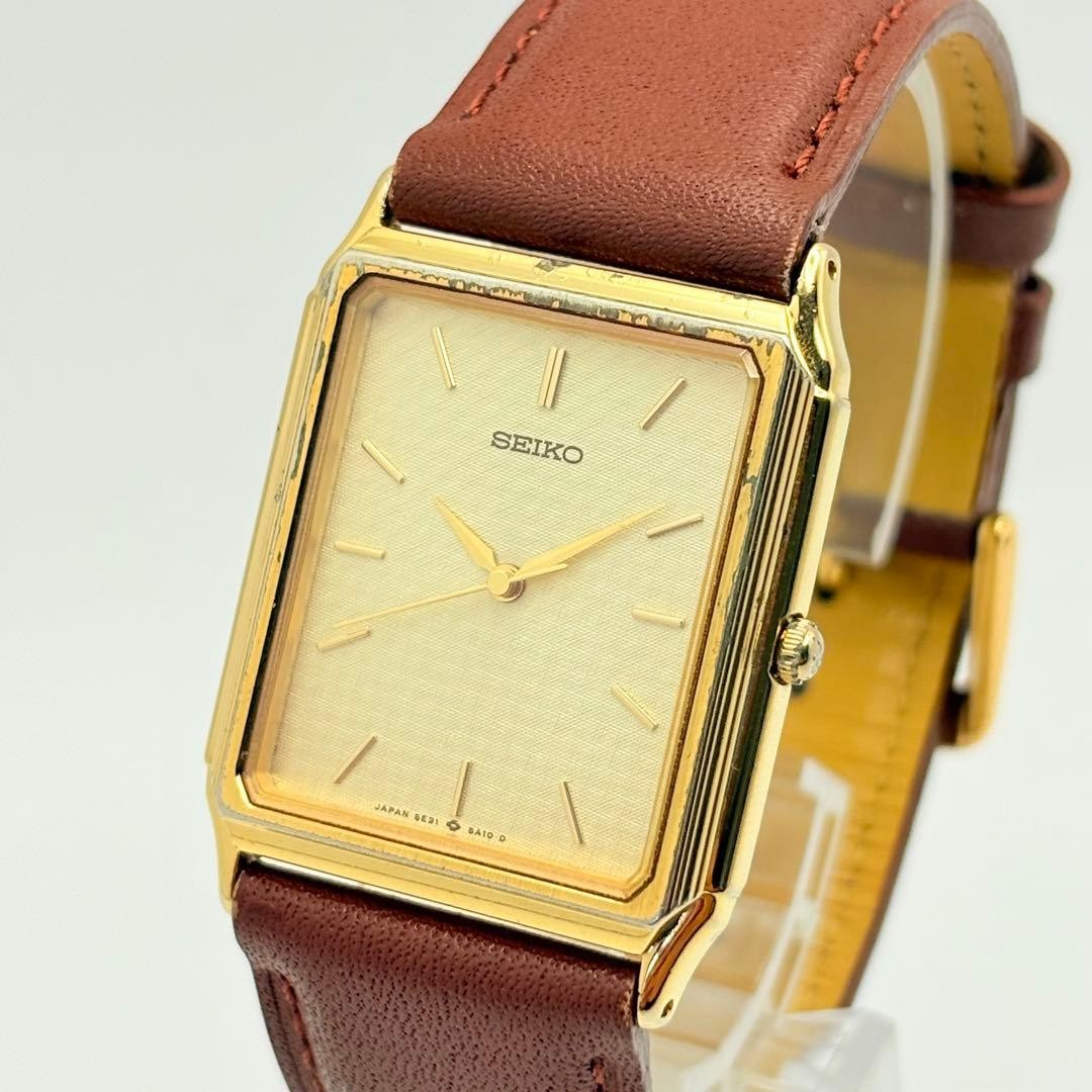 Seiko 5E31-5A10 Square Dress Tank Watch Gold Dial