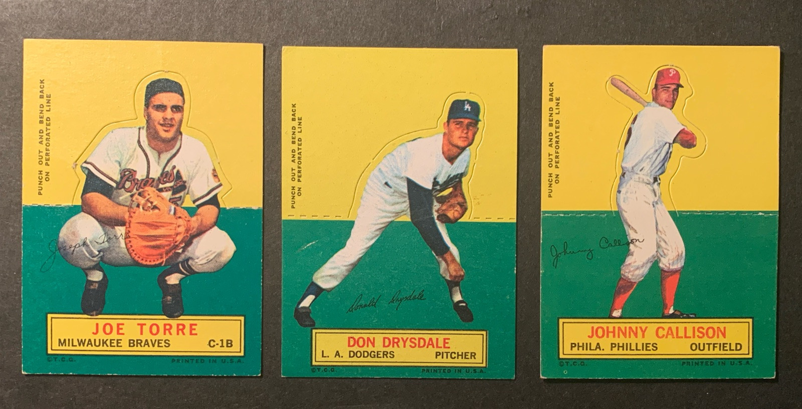 (3) 1964 Topps Stand-Ups Don Drysdale Dodgers, Joe Torre Braves, Callison Phils