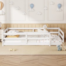 Twin Size Floor Bed Frame Kids Play Space with Guardrails Pine Wood Fence White
