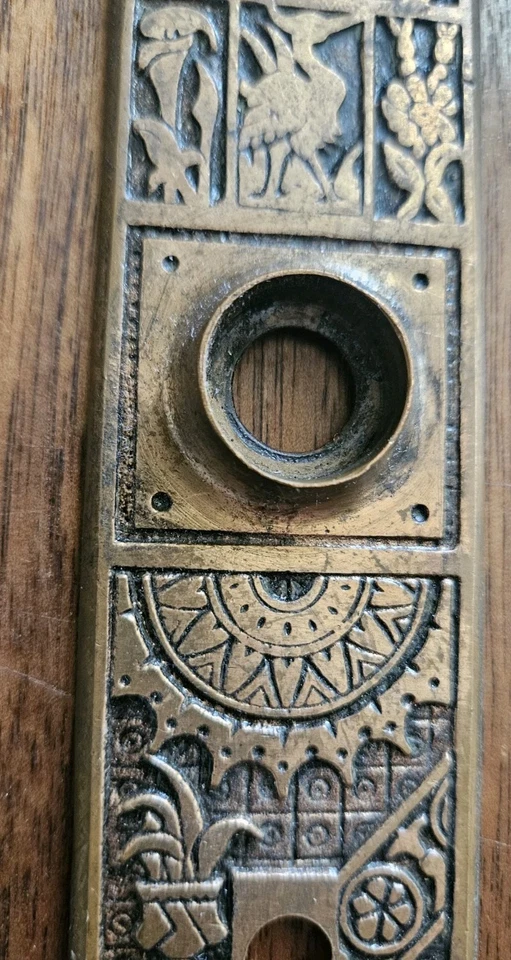 Antique Door Knob Back Plate Crane Bird Victorian Petersboro Lock Mfg Bronze - Image 4 of 4