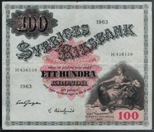 Sweden 100 Kronor 1963 P. 45 Serial Number H436139 in VF+ to XF-