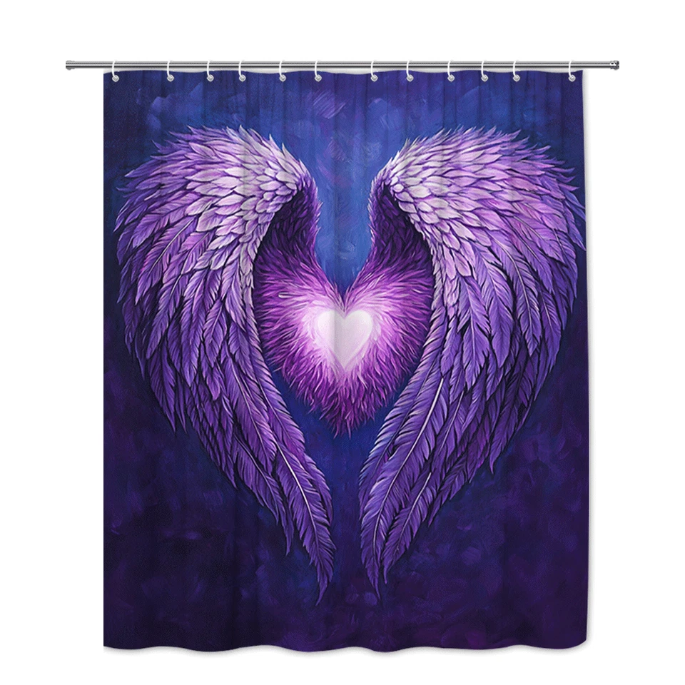 Purple Angel Wings Heart Shower Curtain Spiritual Love Feather Bathroom Decor - Image 2 of 4
