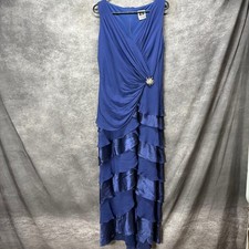 VTG Tadashi 100 Silk Tiered Ruffle Maxi Gown Dress Brooch Size 14 Blue Regency