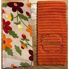 2 Kitchen Fall Dish Hand Tea Towels Orange THANKFUL Tan Fall Colors FLORAL
