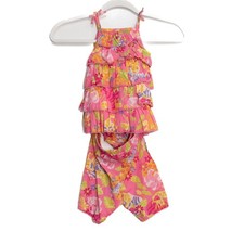 Baby Girls Size 3-6M Floral Tiered Ruffle Outfit  Diaper Cover Set - Pink  Mul