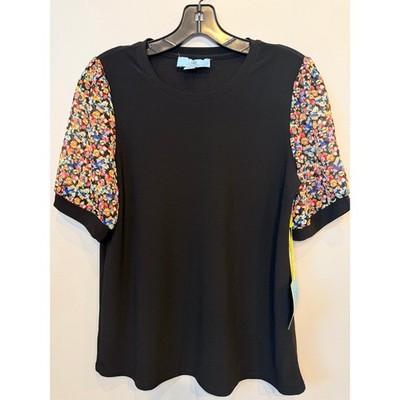 CeCe Black Blouse Floral Puff Sheer Sleeve Top NWT Size Small